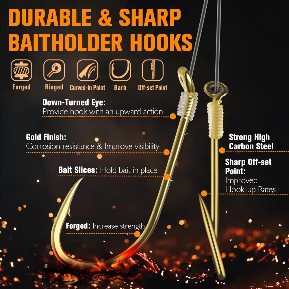 Red up-eye octopus hook and gold baitholder hook on walleye rig