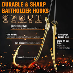 Red up-eye octopus hook and gold baitholder hook on walleye rig