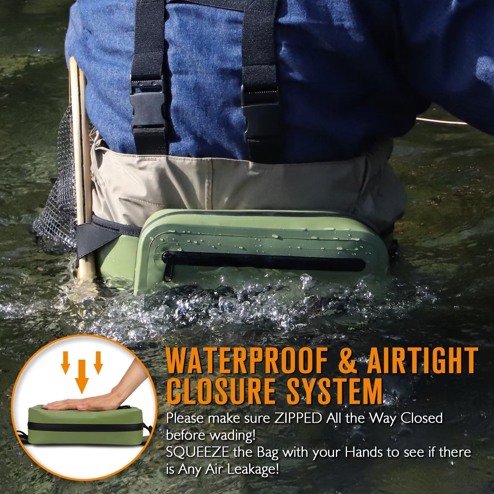 Dovesun waterproof fanny pack army green back view balanced comfort for long fishing days.