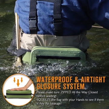 Dovesun waterproof fanny pack army green back view balanced comfort for long fishing days.