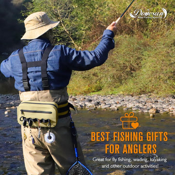 In-use shot of Dovesun fanny pack during fishing/kayaking
