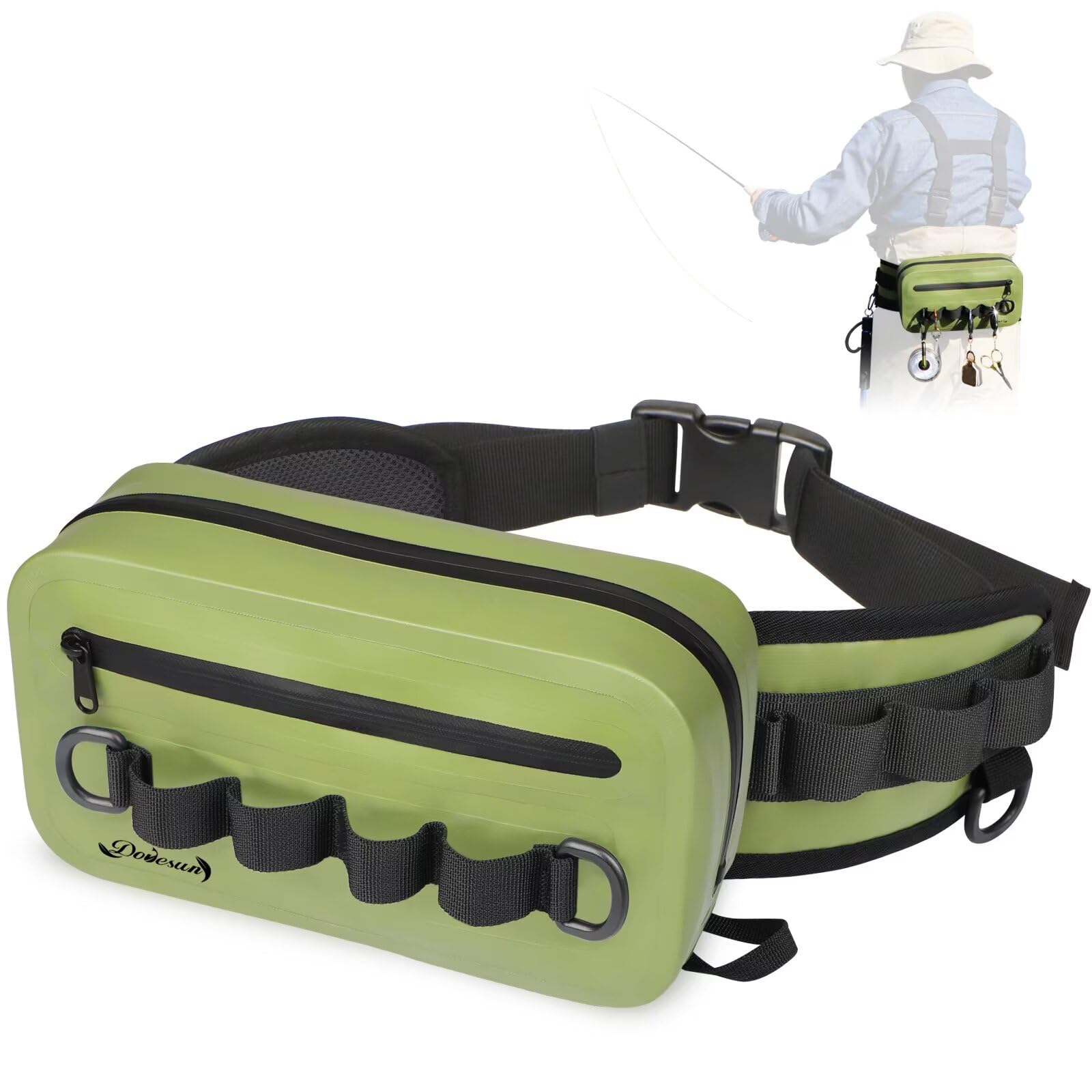 Dovesun waterproof fishing fanny pack front view in Army Green
