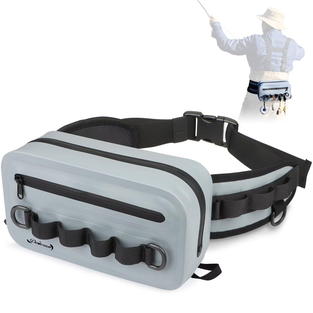 Front view of Dovesun waterproof fishing fanny pack in grey