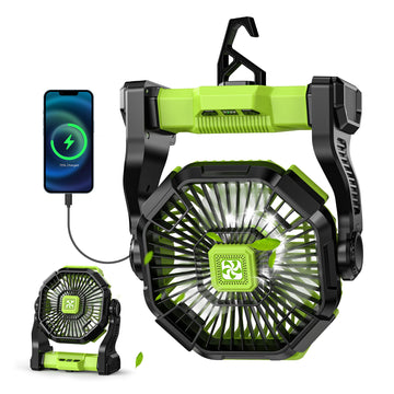 Doviluxe battery powered fan with LED lantern in-use, portable cooling for camping adventures.