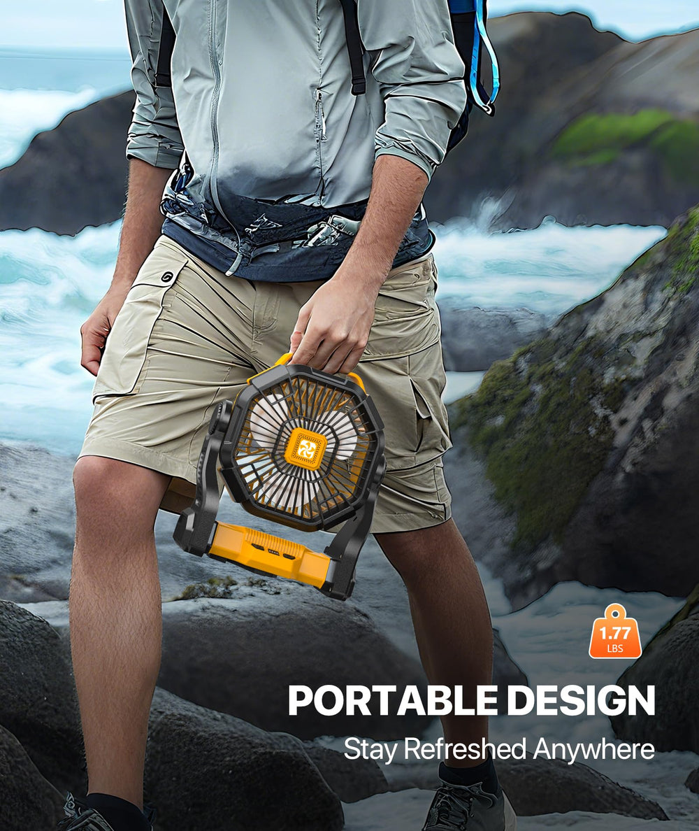 Doviluxe camping fan at the beach shows outdoor versatility