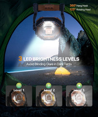Doviluxe camping fan mounted in a tent showing compact backpack-friendly design