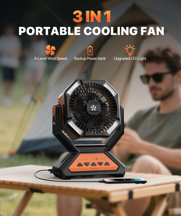 Doviluxe camping fan with LED light for beach evenings.