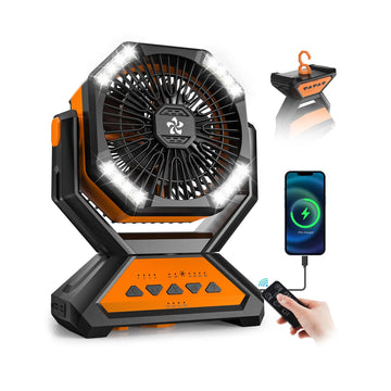 Doviluxe rechargeable fan tent-hook setup showcases camping convenience.