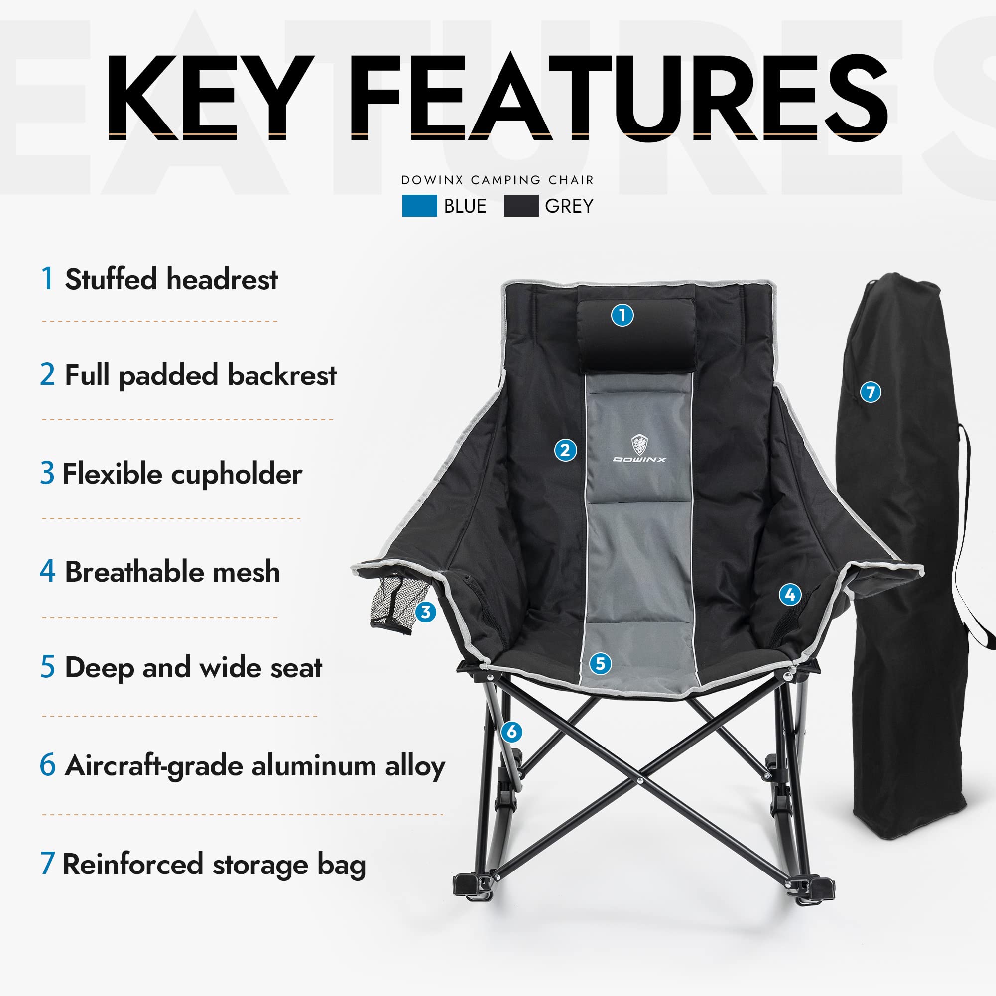 Dowinx rocking chair headrest features neck support for long outdoor sessions