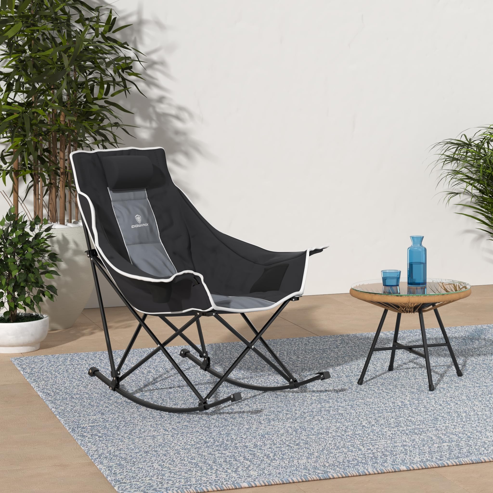 Dowinx rocking chair side pocket shown for convenient storage on camping trips