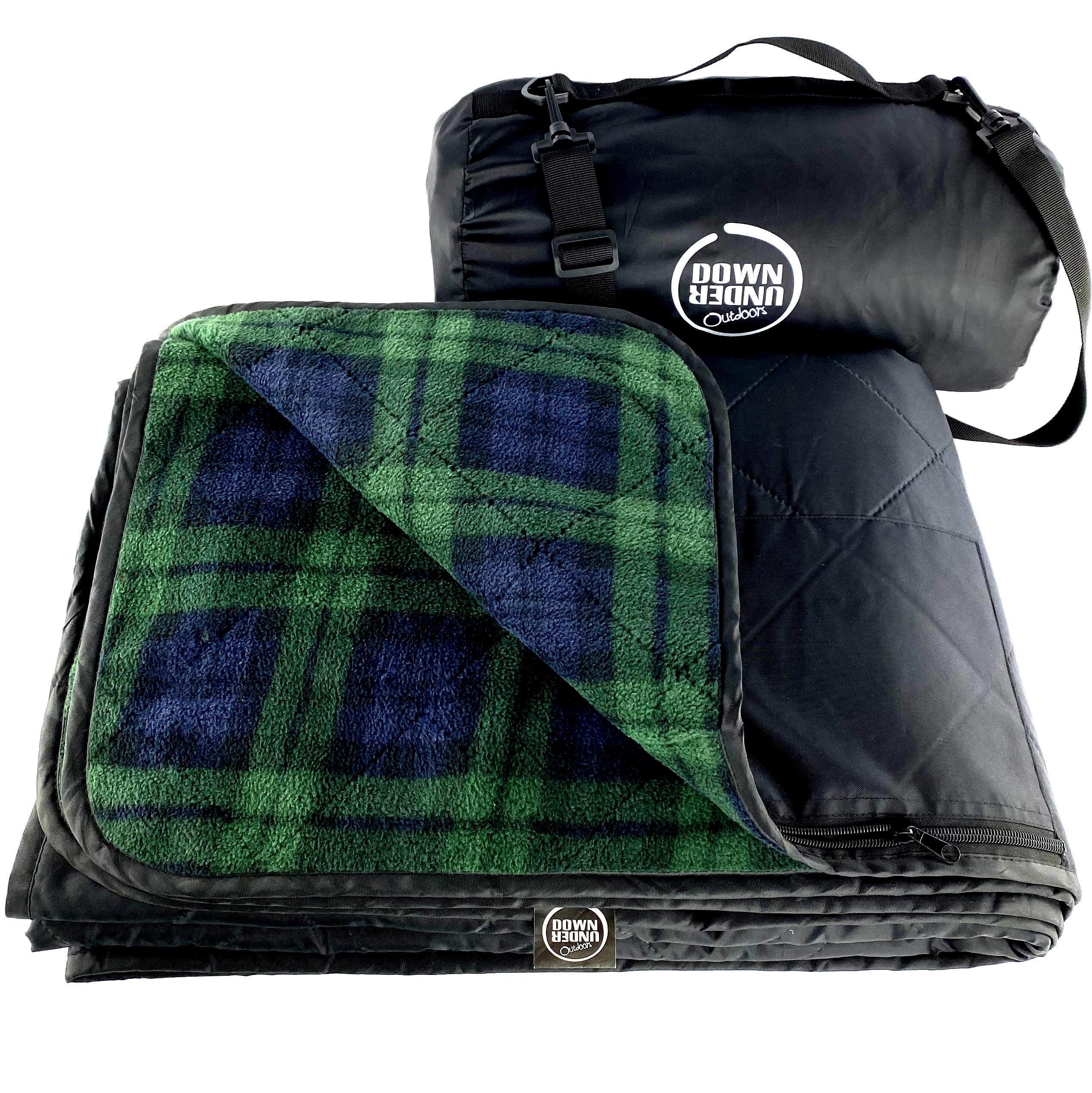 DOWN UNDER OUTDOORS blanket-large-green-check shows outdoor comfort for picnics and bleacher seating