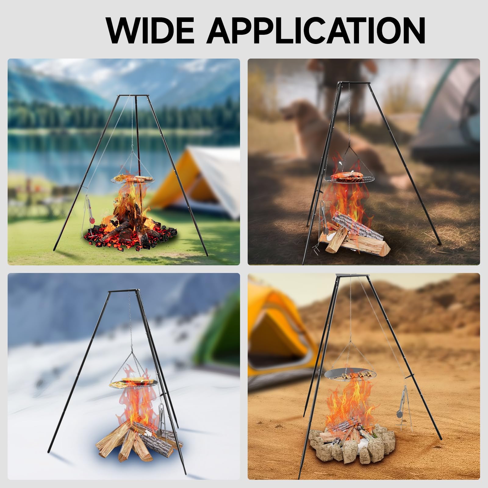 DPZM campfire tripod in action during outdoor cooking scenarios