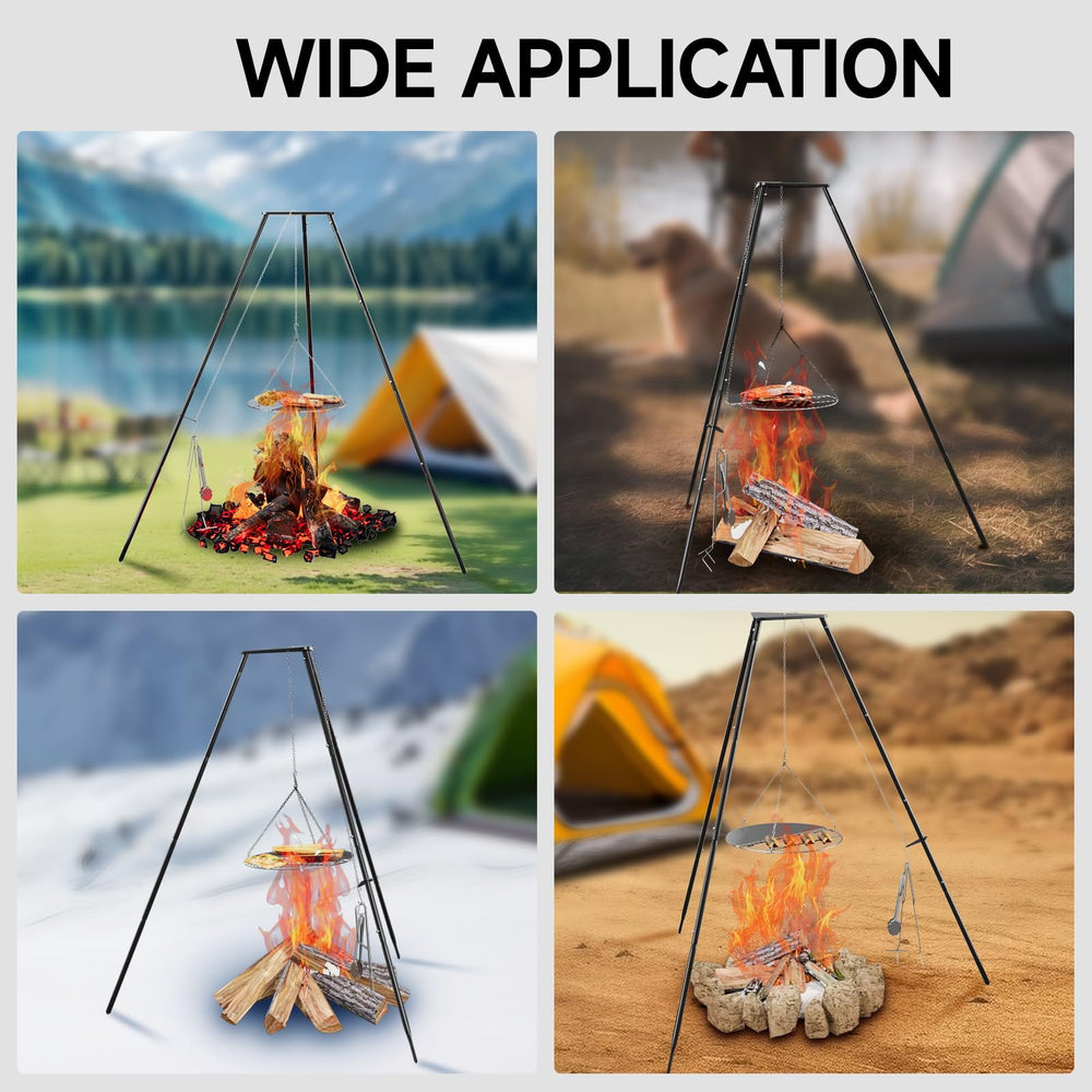 DPZM campfire tripod in action during outdoor cooking scenarios