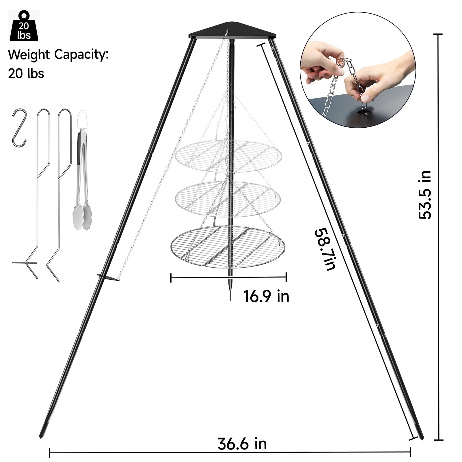 DPZM campfire tripod featuring round stainless steel grill grate for easy cleanup