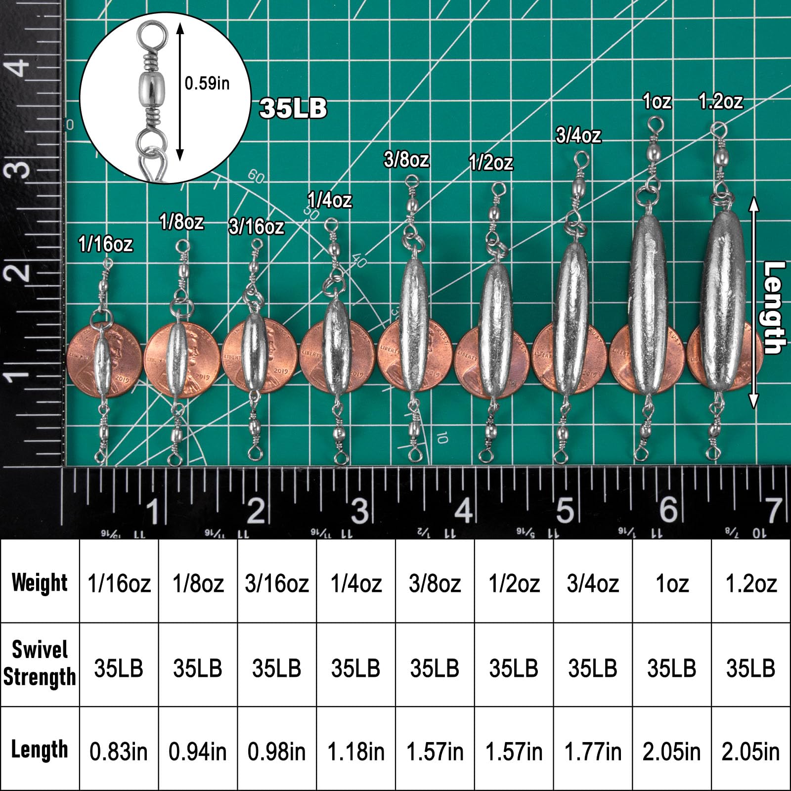 Dr.Fish inline trolling sinker 1/8 oz with double swivel