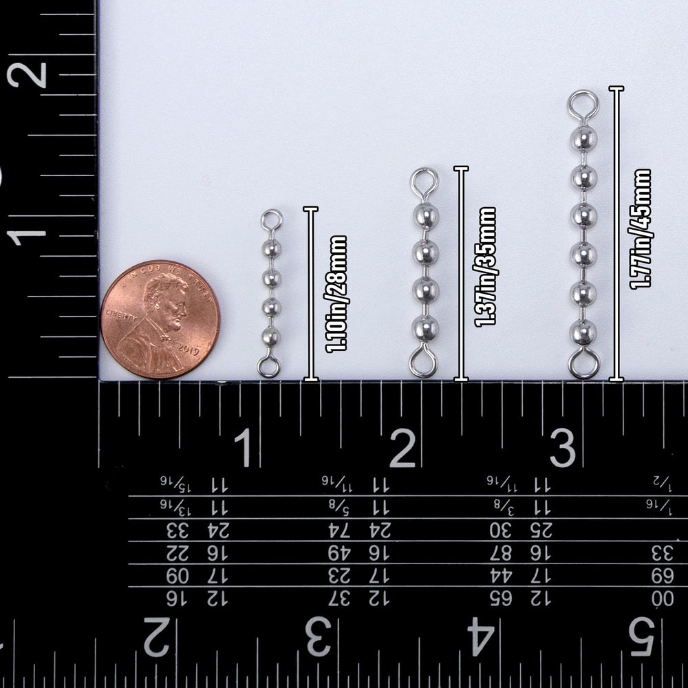 Close-up of bead chain swivels showing round wire end rings