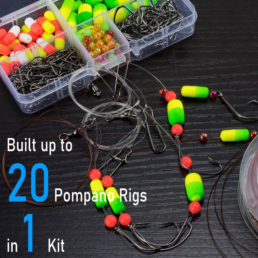 Contents arranged: floats, swivels, snaps, hooks, beads