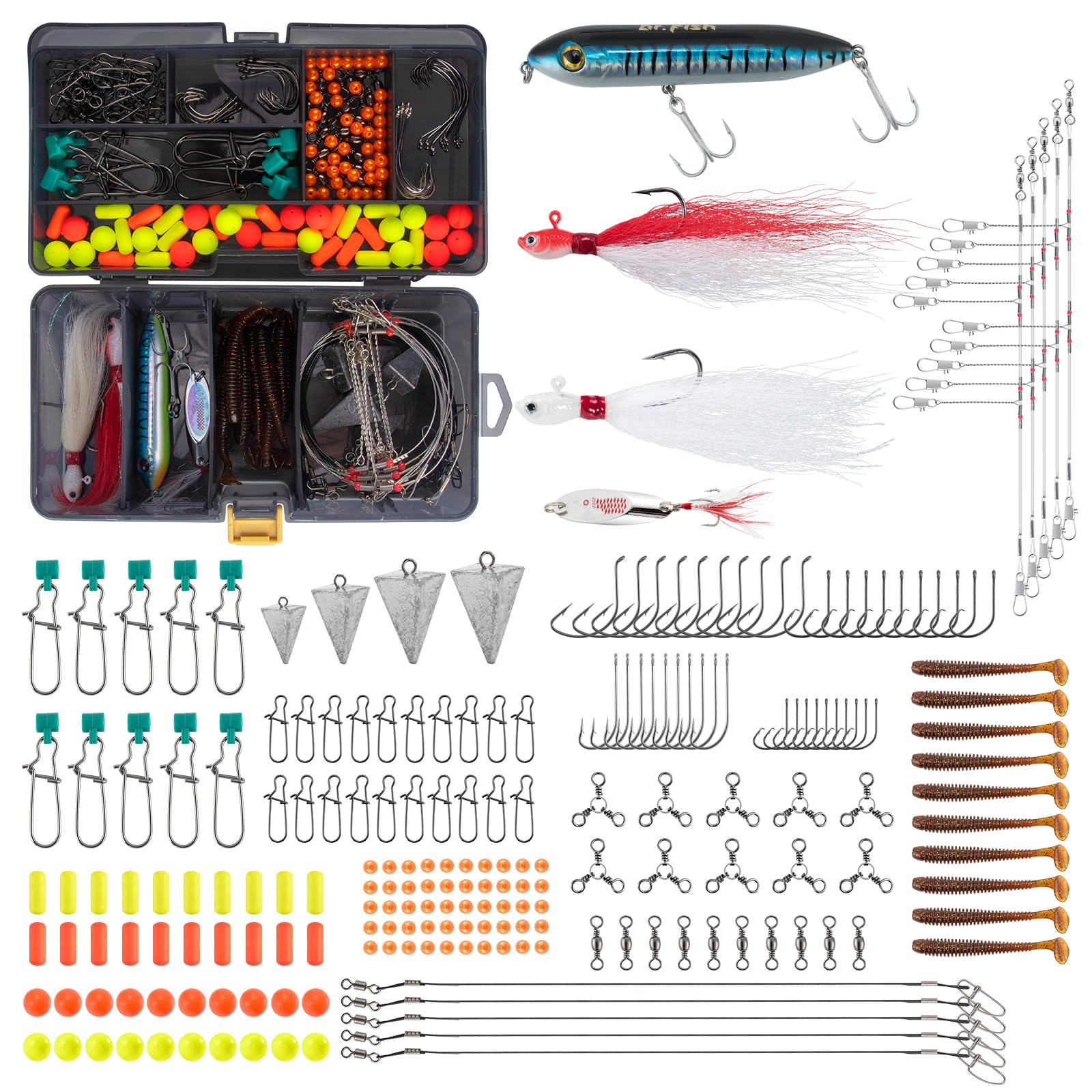 Dr.Fish 269-piece surf fishing kit overview with organized double-layer box for easy field access.