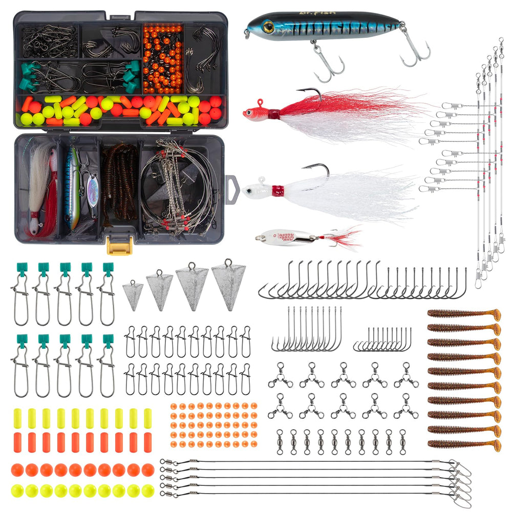 Dr.Fish 269-piece surf fishing kit overview with organized double-layer box for easy field access.
