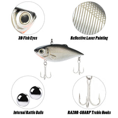 Side view of Dr.Fish lipless crankbait in chrome laser finish