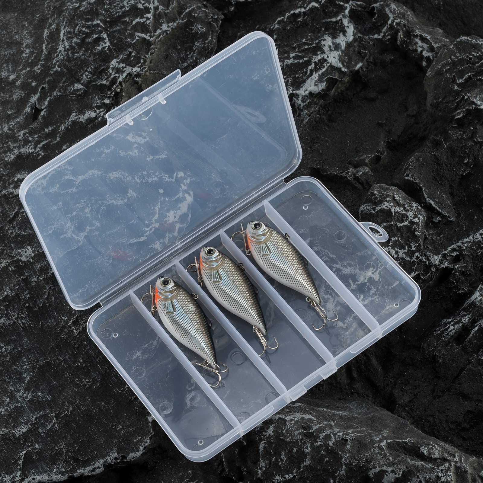 Dr.Fish 3 Pack lipless crankbait in tackle box with treble hooks