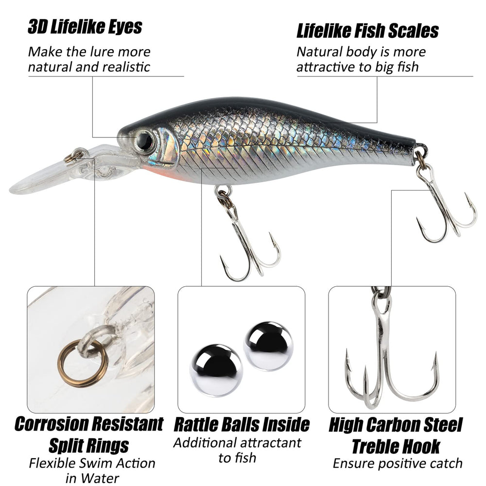 Five hardbait lures including crankbaits and lipless VIB