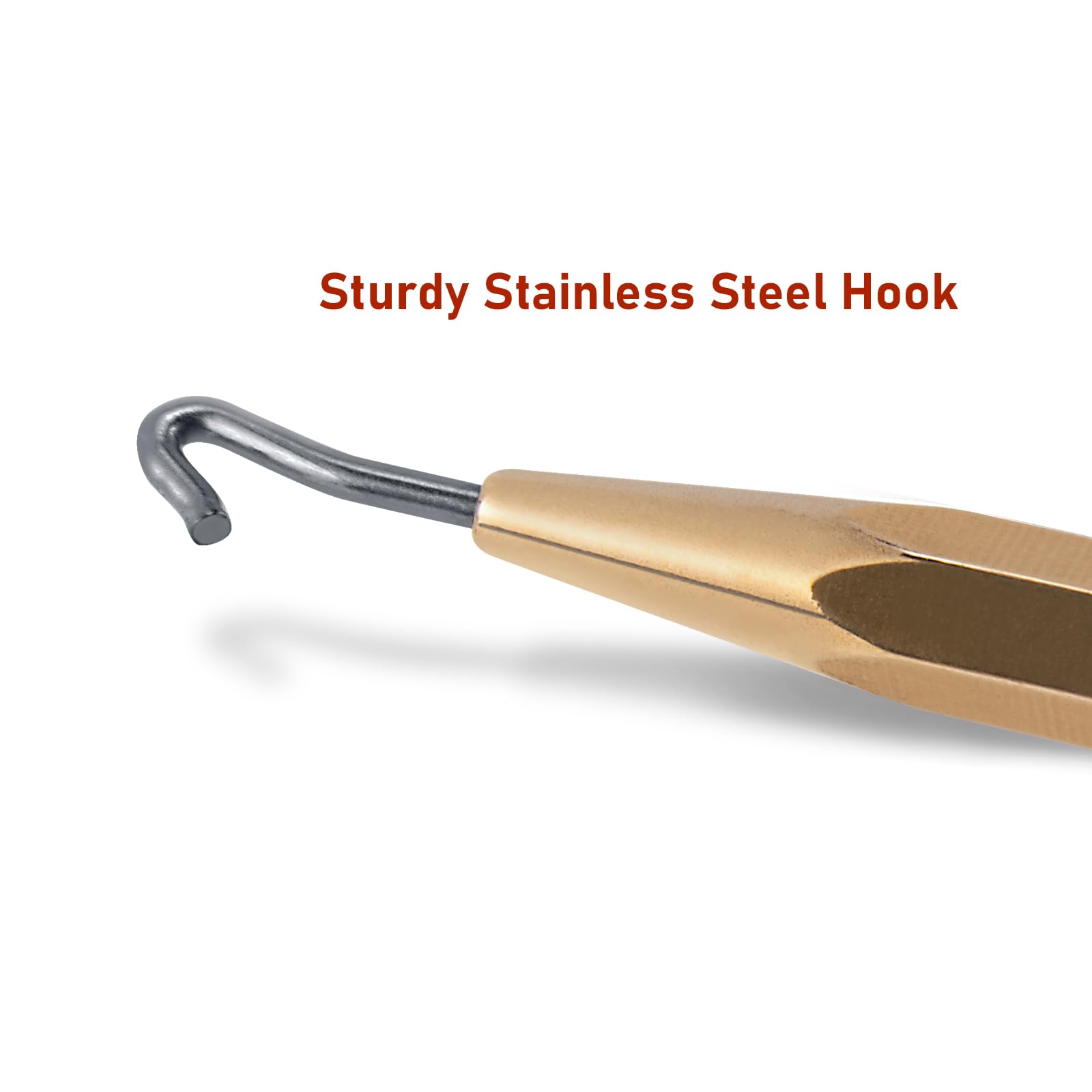 Combination tool showing stainless steel needle and brass half hitch ends