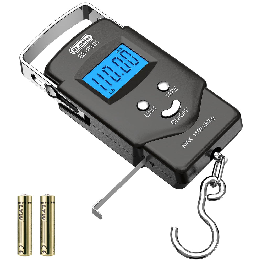 Dr.meter fish scale with backlit LCD displaying 110 lb/50 kg