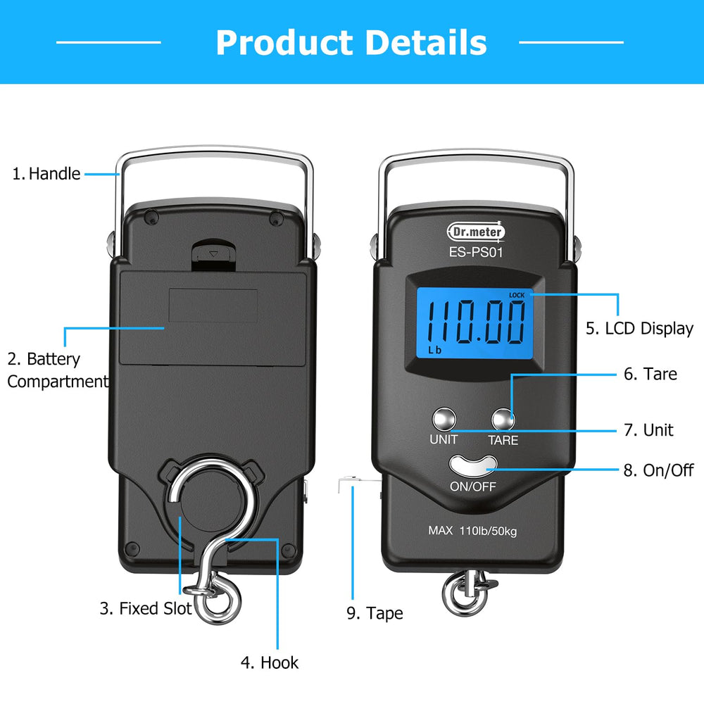 Built-in measuring tape on Dr.meter fishing scale showing cm and ft