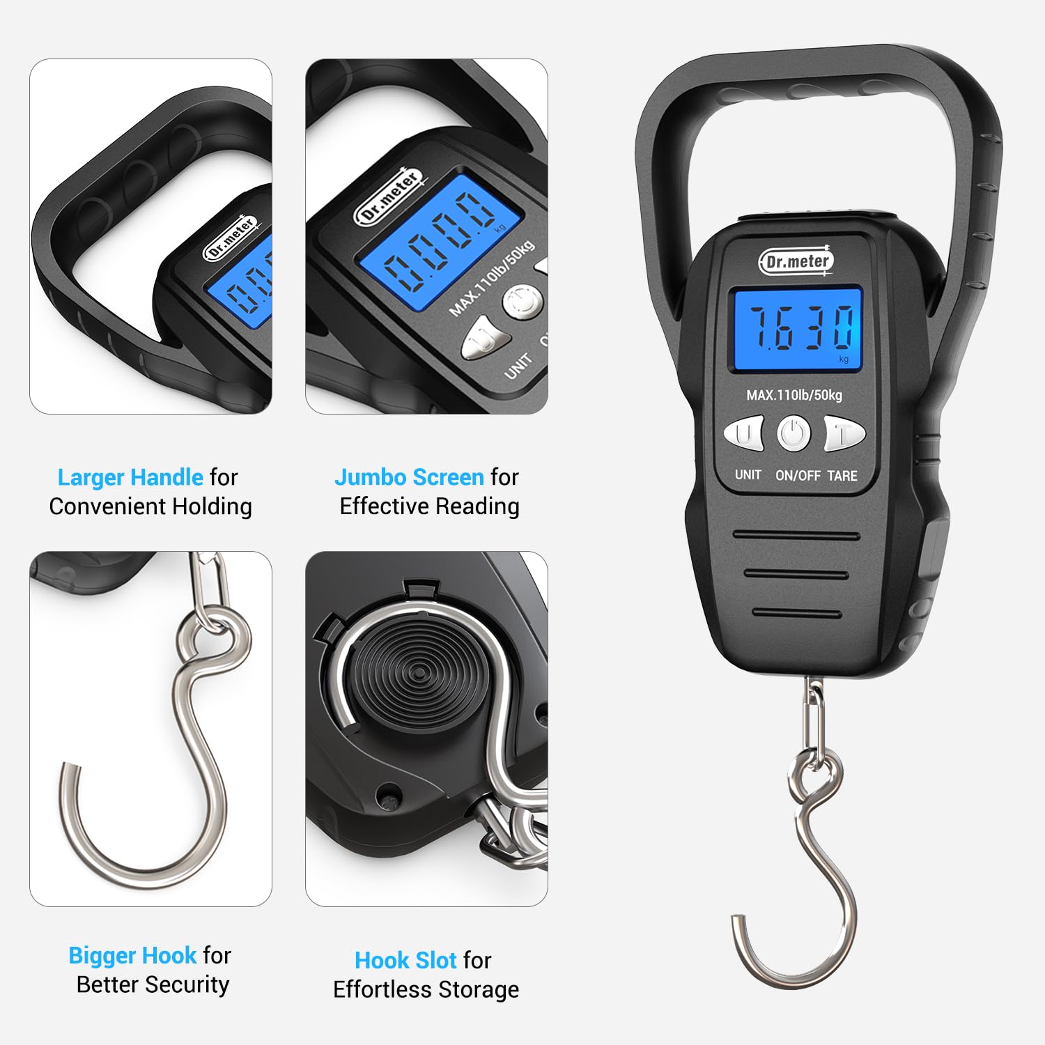 Built-in measuring tape on digital fish scale showing cm and inches