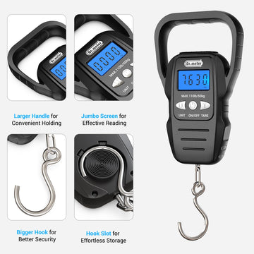 Built-in measuring tape on digital fish scale showing cm and inches