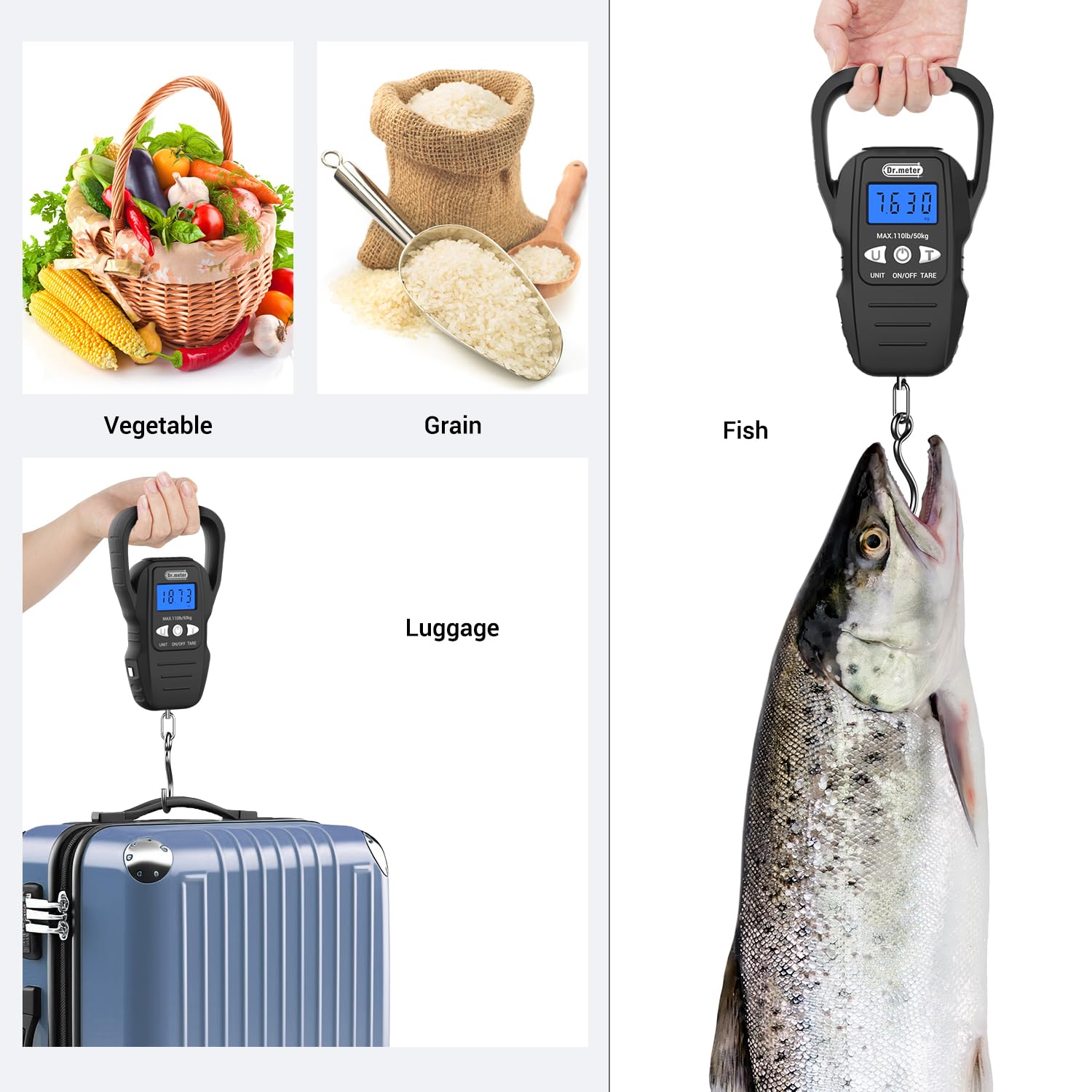 Weight range from 0.2 lb to 110 lb with unit switching