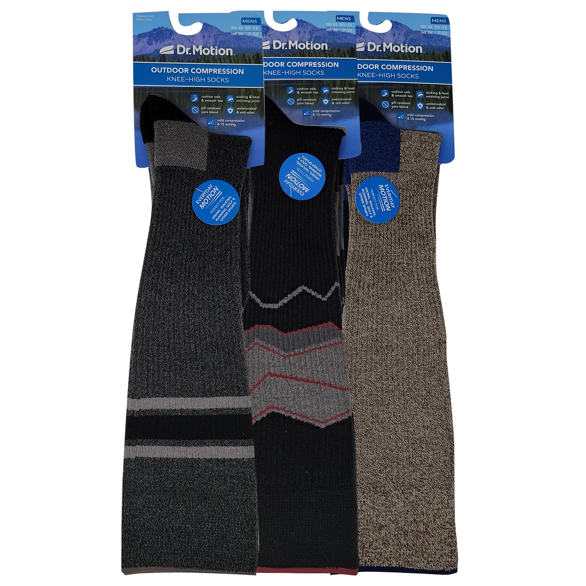 Dr Motion men's outdoor hiking compression socks knit cuff design enhances moisture-wicking comfort.