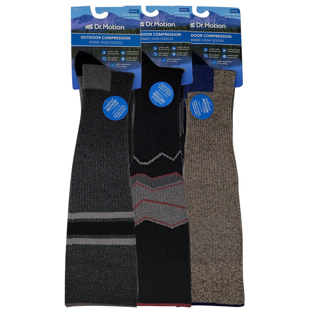 Dr Motion men's outdoor hiking compression socks knit cuff design enhances moisture-wicking comfort.