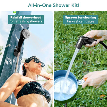DR.PREPARE 4-5 gal shower bucket top view, sturdy setup for quick campsite washing.