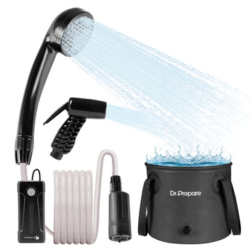 DR.PREPARE portable camping shower front view, easy-access rinse for camping trips and outdoor adventures.
