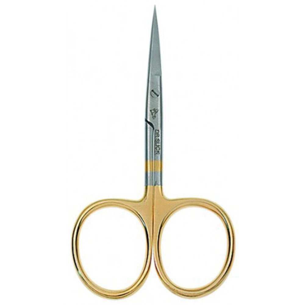 Close-up of serrated blade and gold loops on Dr. Slick All Purpose Scissor