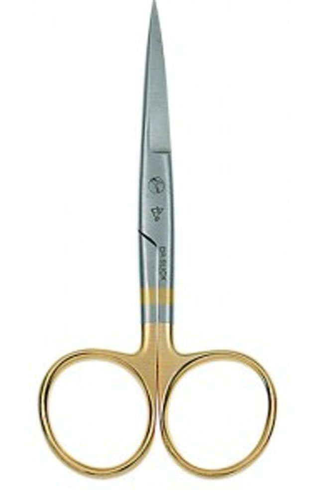 Dr. Slick curved 4.5-inch hair scissor close-up for precise cuts on heavy materials.