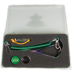 Dr. Slick Prism Mitten Clamp in a large fly box, ideal for precise knot tying and barb control