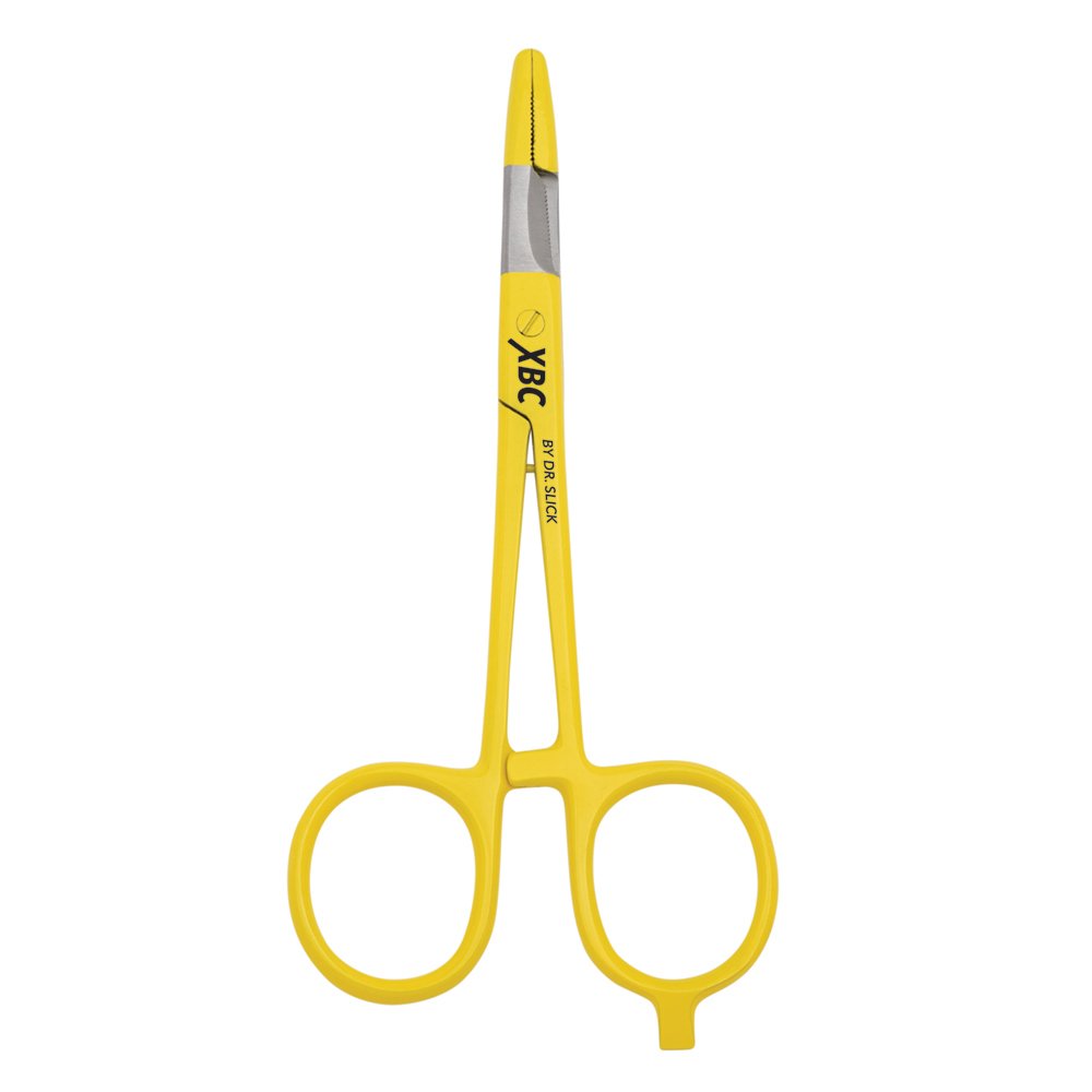 Dr. Slick Scissor Clamp 5-inch yellow straight jaw for tippet trimming and gear repair.