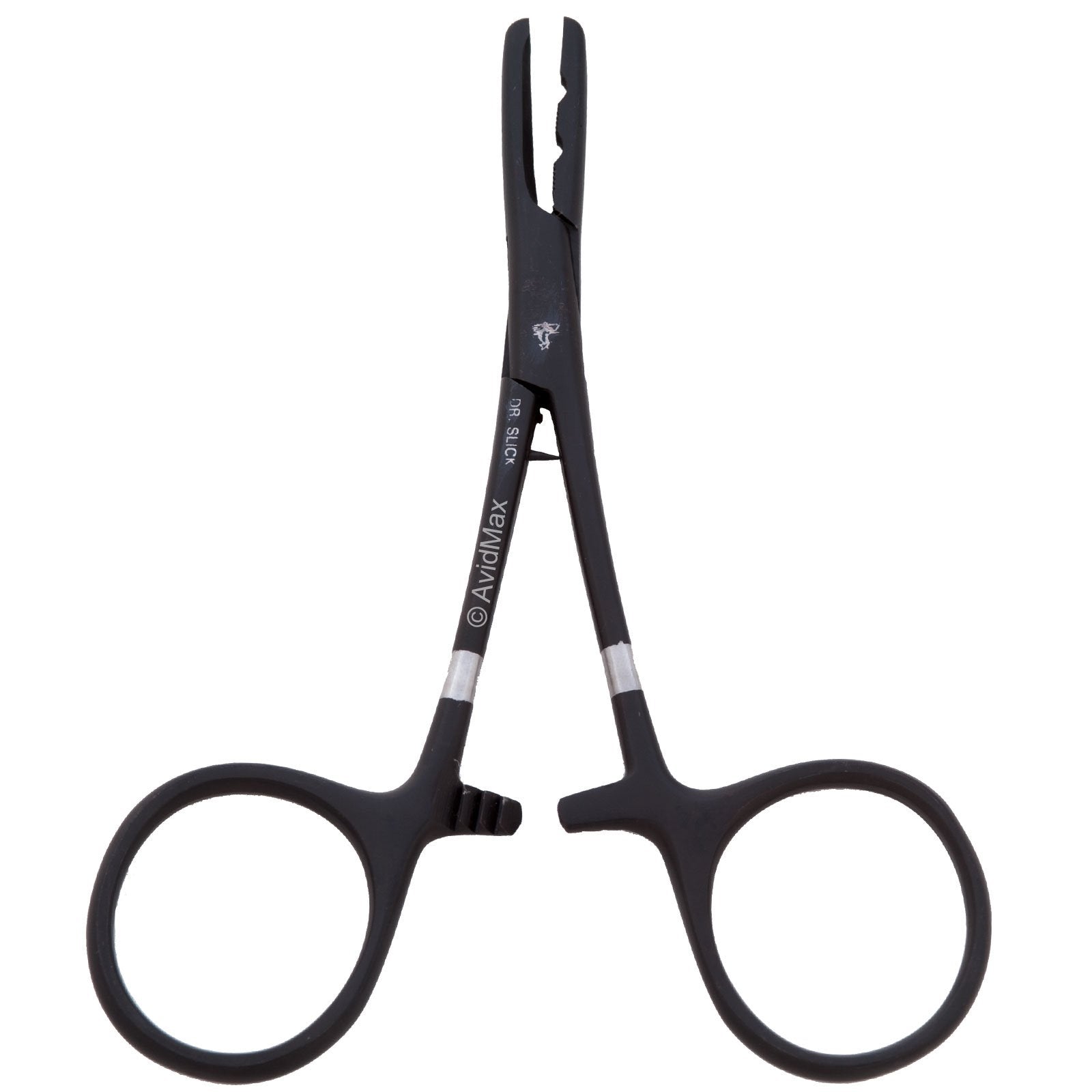 Dr. Slick Shot Wizard Black fishing clamp, side view, ideal for on-site hook removal and knot tying.
