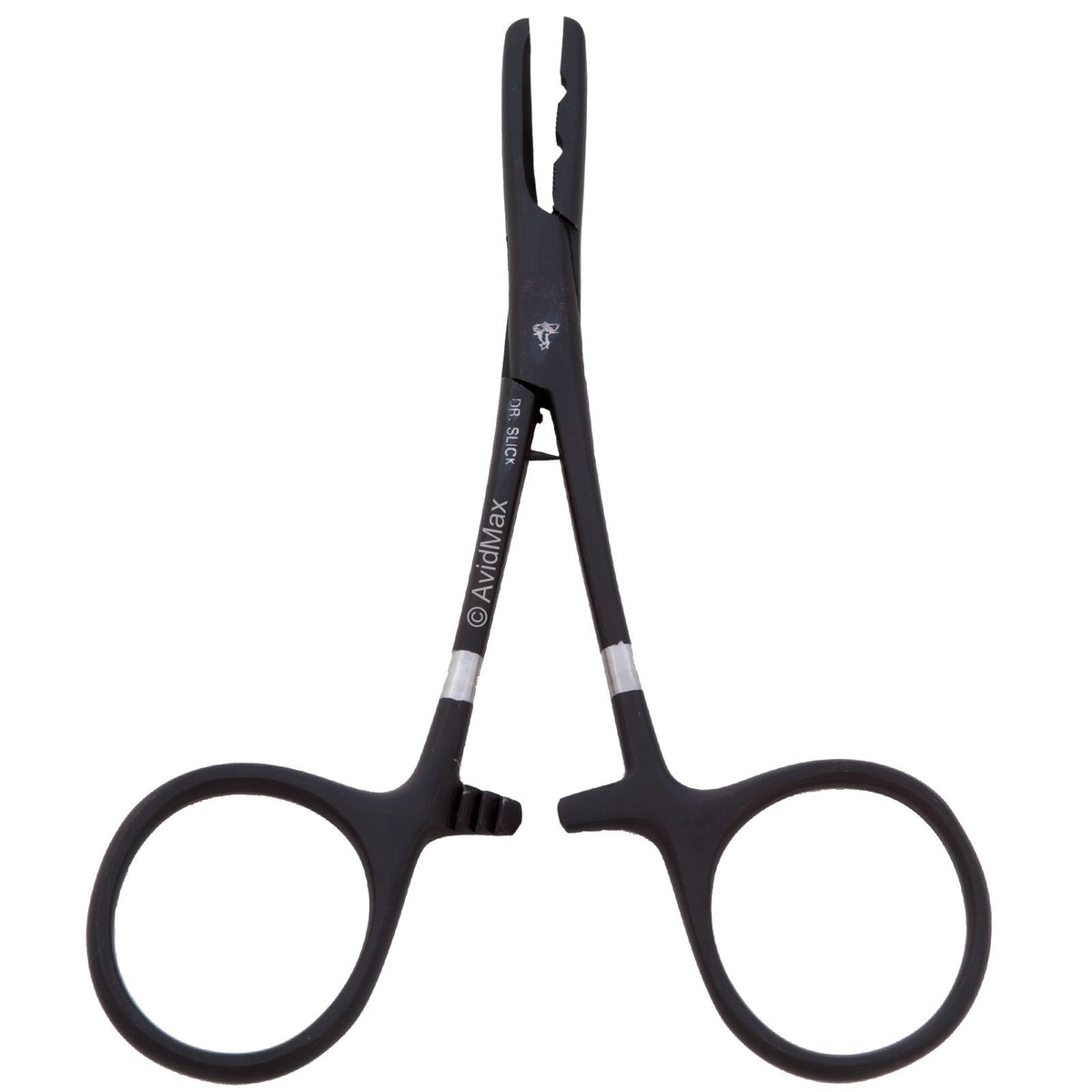 Dr. Slick Shot Wizard Black fishing clamp, side view, ideal for on-site hook removal and knot tying.