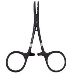 Dr. Slick Shot Wizard Black fishing clamp, side view, ideal for on-site hook removal and knot tying.