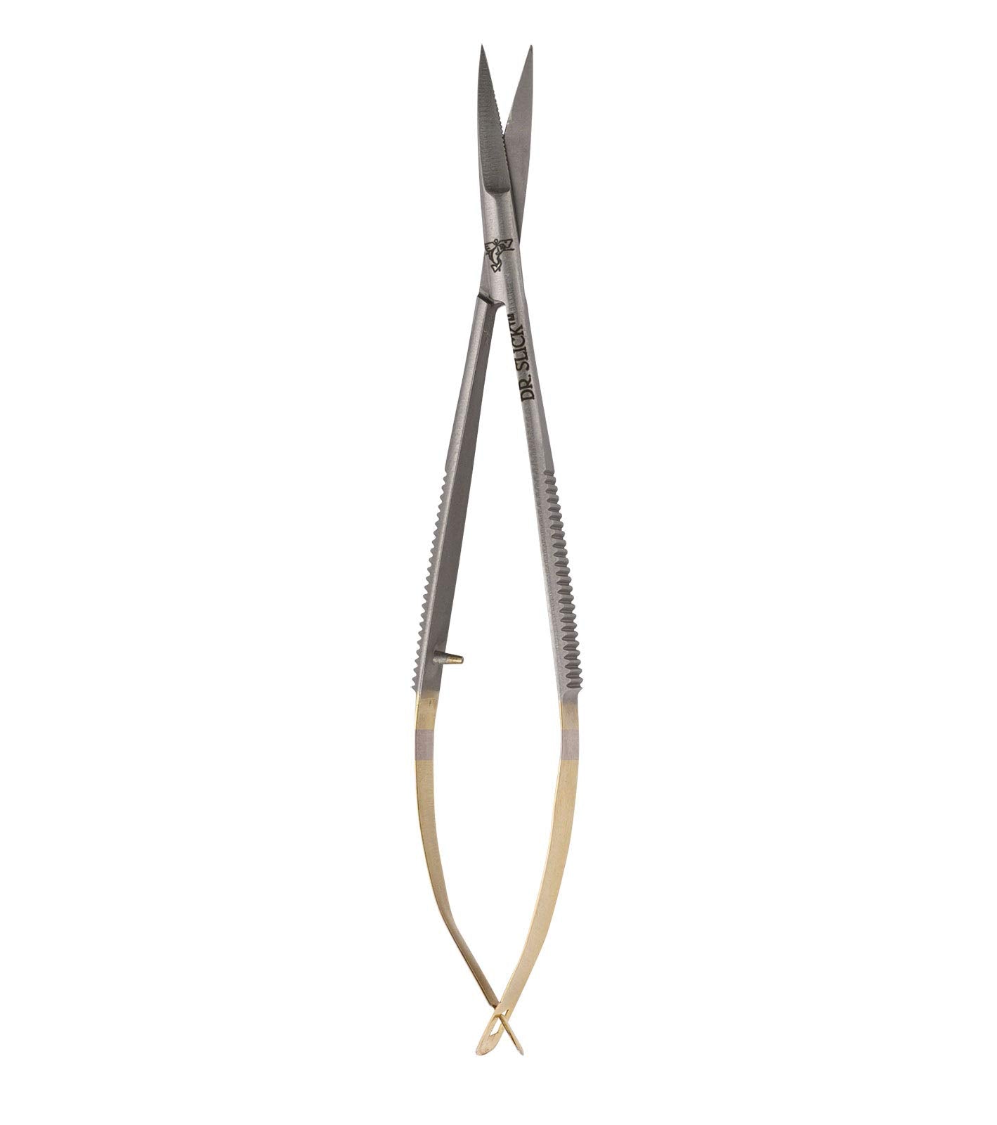 Dr. Slick Spring Iris Scissor 4 inch; gold handles; serrated blade for secure grip during trimming.