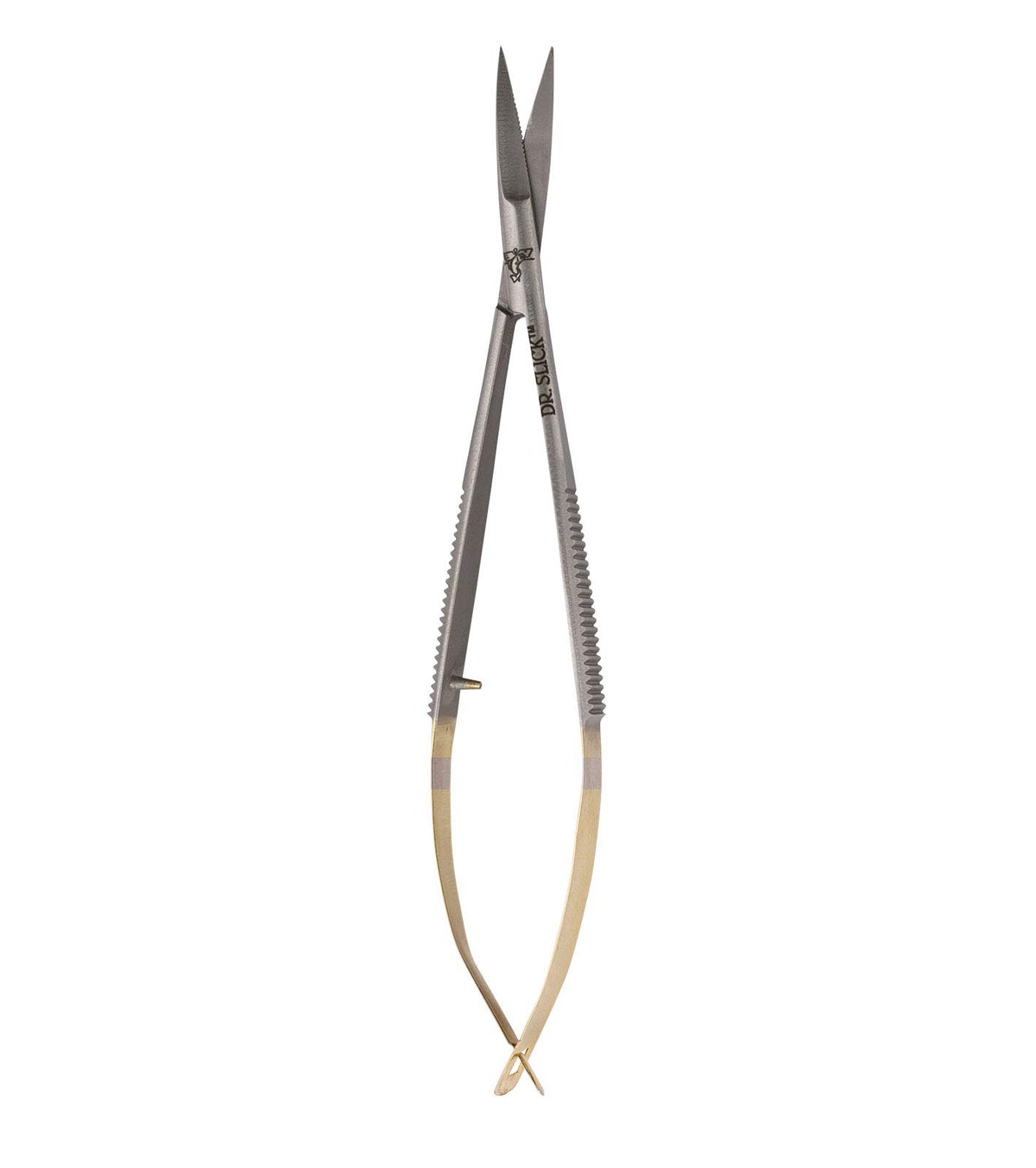 Dr. Slick Spring Iris Scissor 4 inch with gold handles; straight blade for precise fly tying.