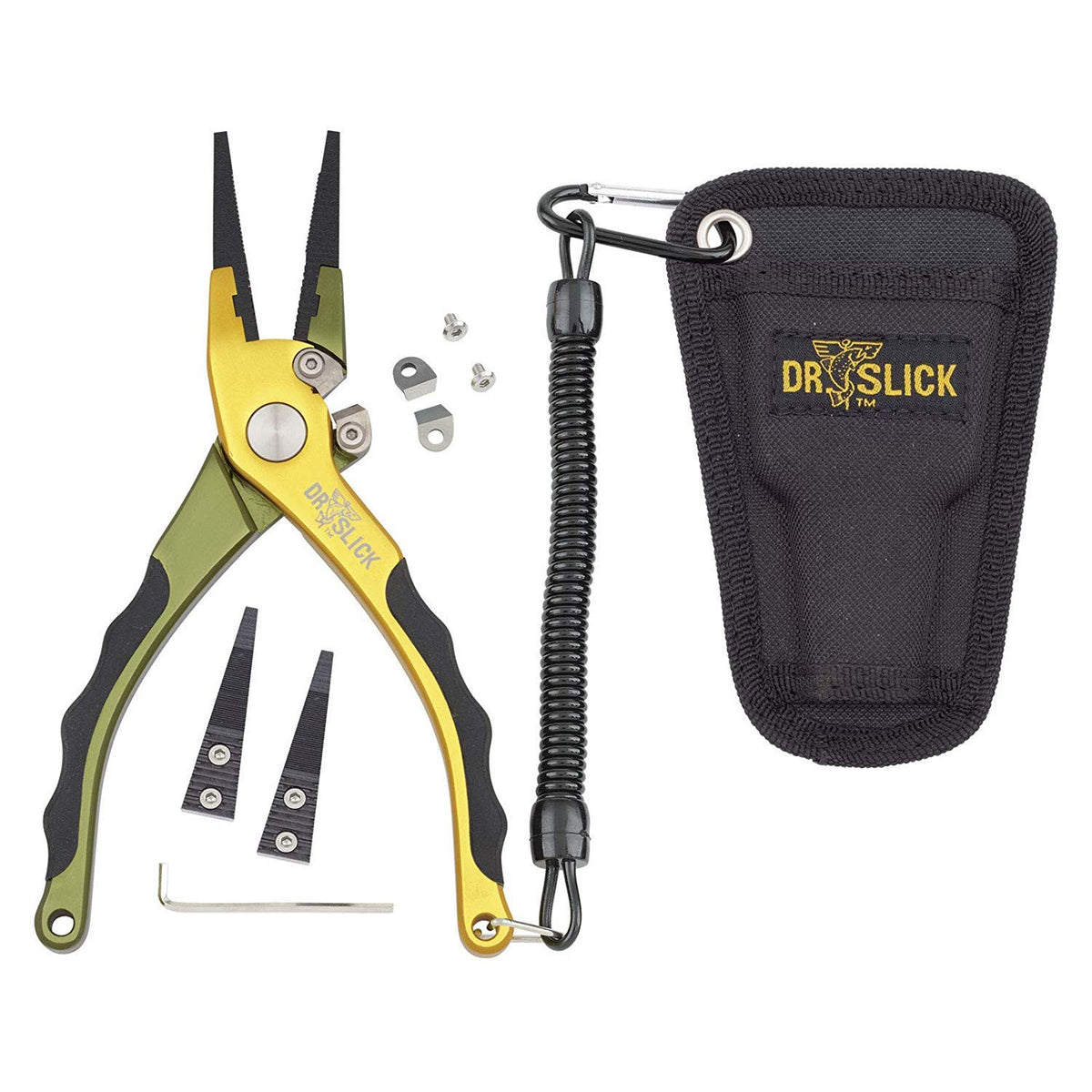 Dr. Slick Squall fishing plier features tungsten carbide cutters for clean cuts on braided lines.