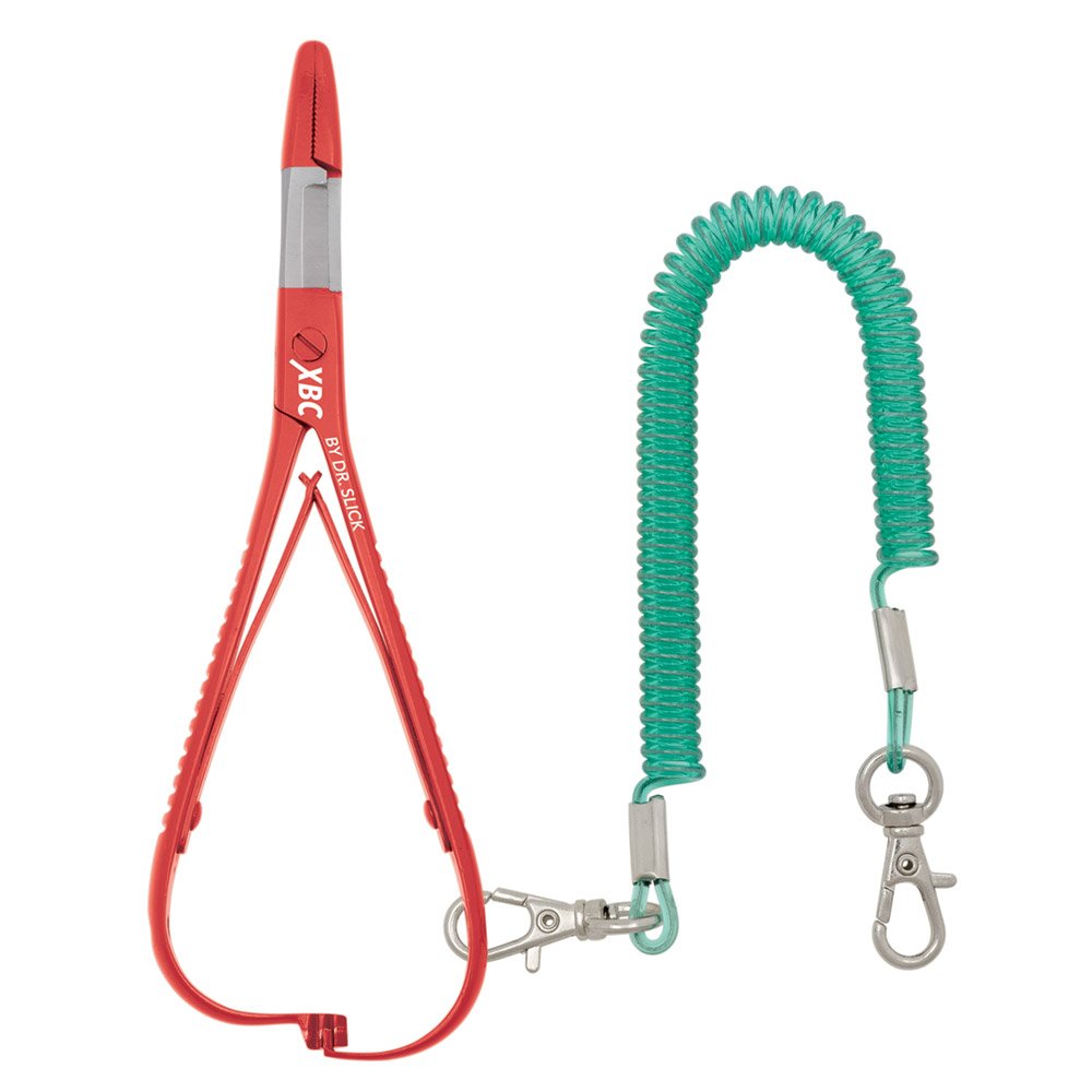 Dr. Slick XBC Mitten Scissor Clamp in red, serrated blade for tippet and streamside trimming