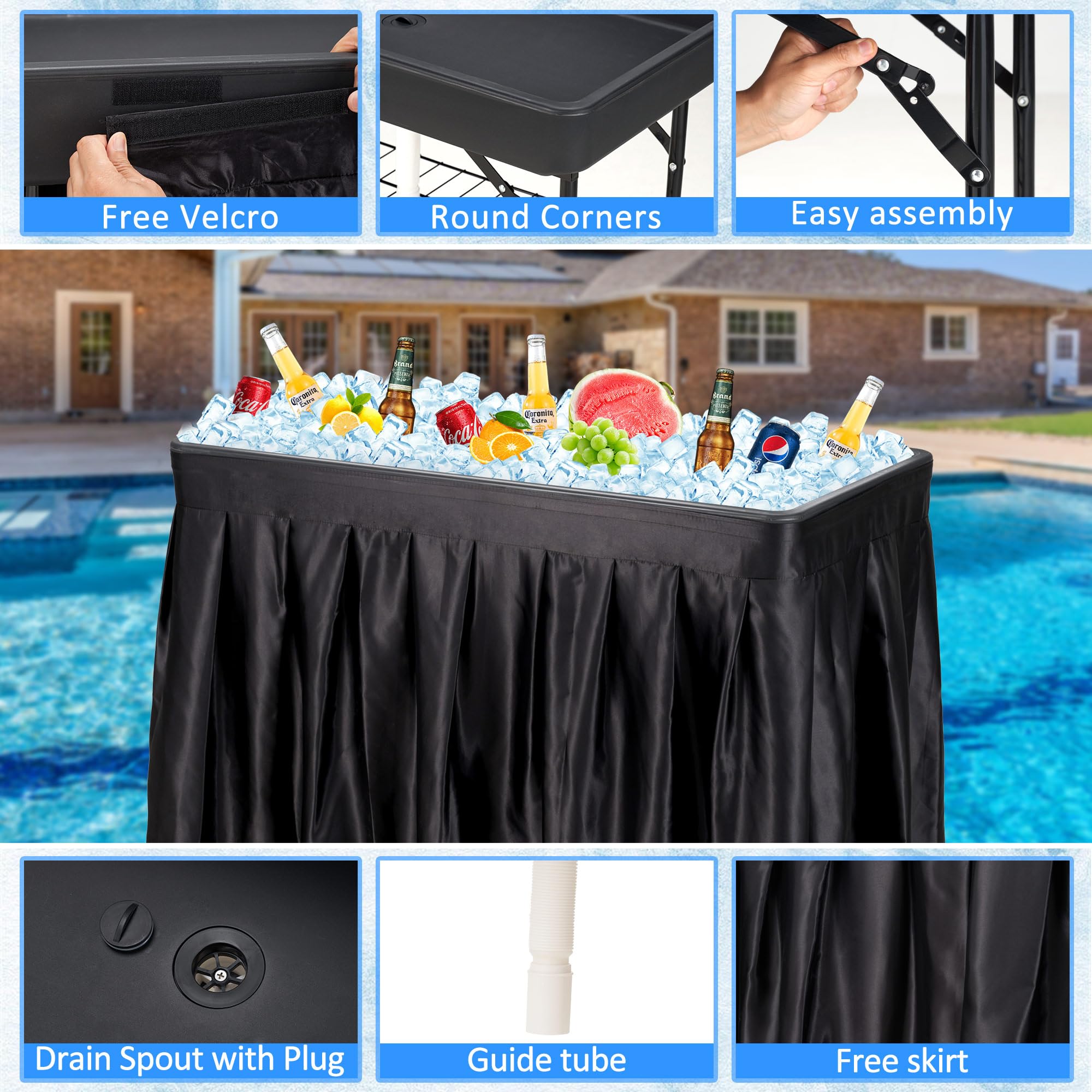 Dragosum cooler table has a spacious top for ice, drinks, and snacks.