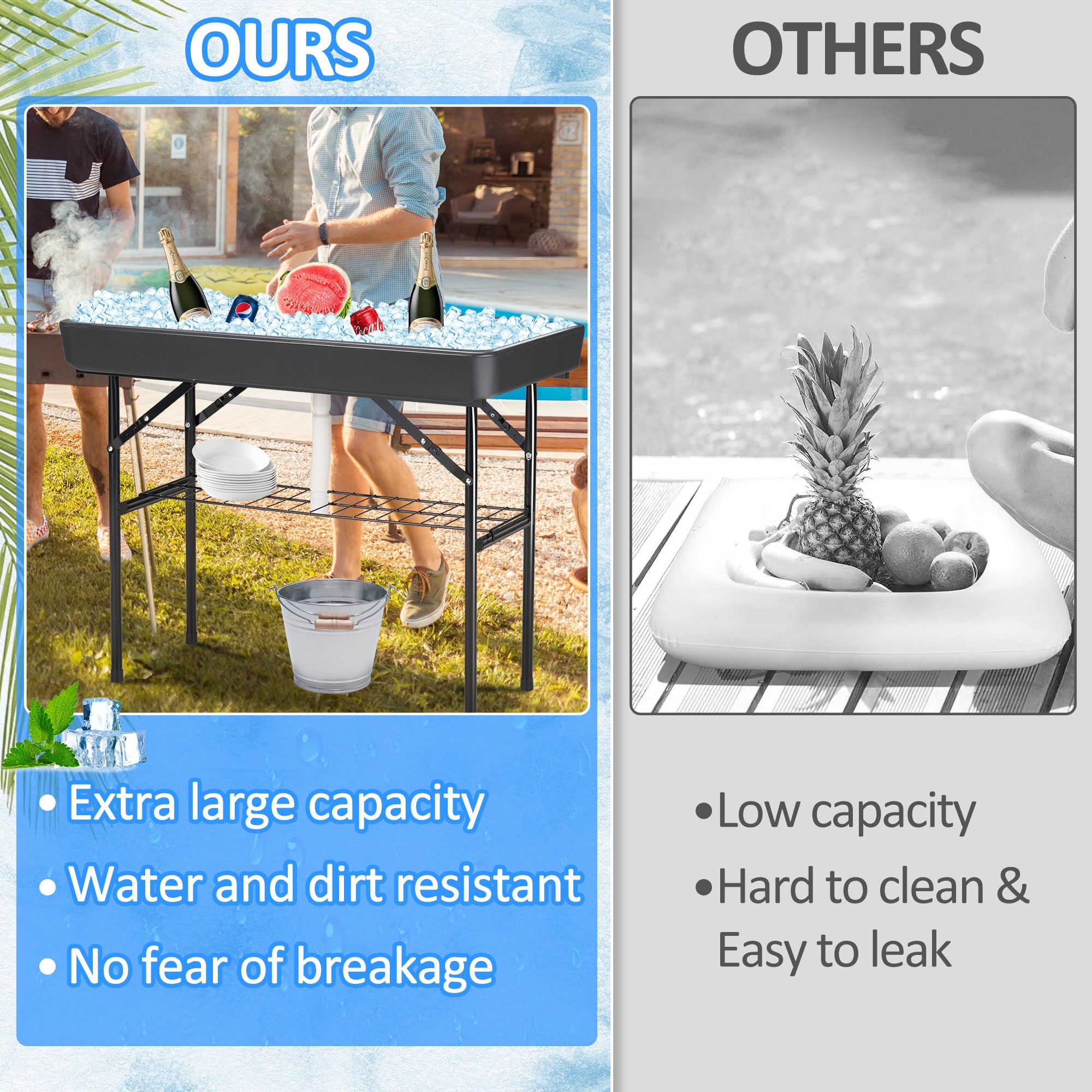 Dragosum table includes metal storage shelf for extras during events.