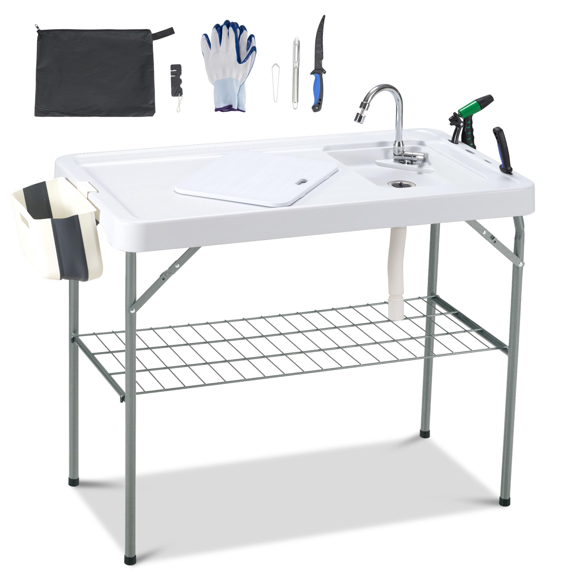Dragosum outdoor sink table with faucet shows built in water source for quick fish cleaning